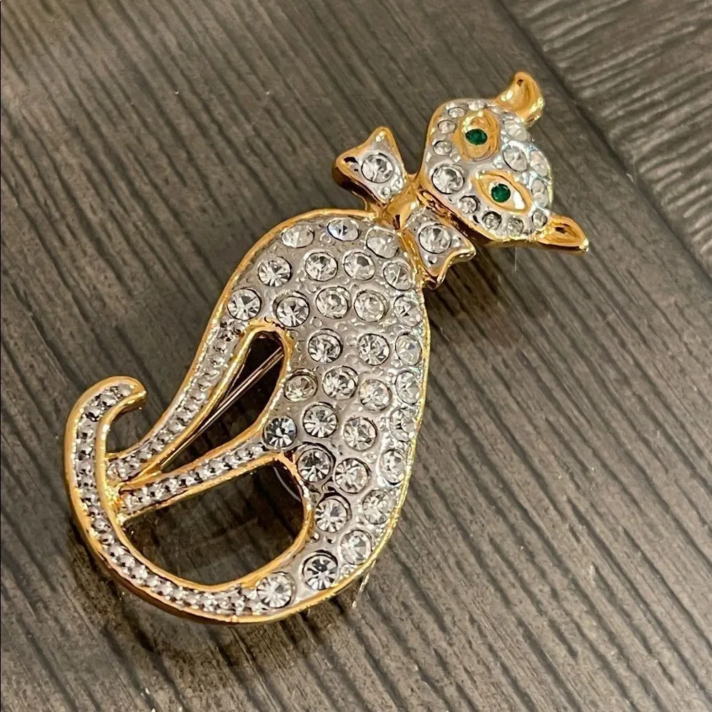 Vintage Style Gold-tone Rhinestone Sitting Cat Brooch - Pendant